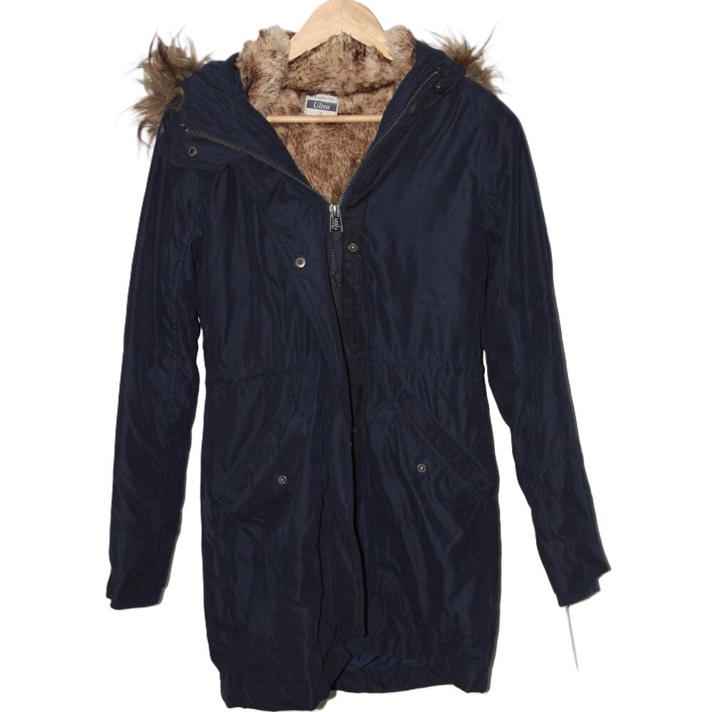 Abercrombie & Fitch Ultra Navy Blue Brown Fur Lined Hooded Jacket Coat Size XS